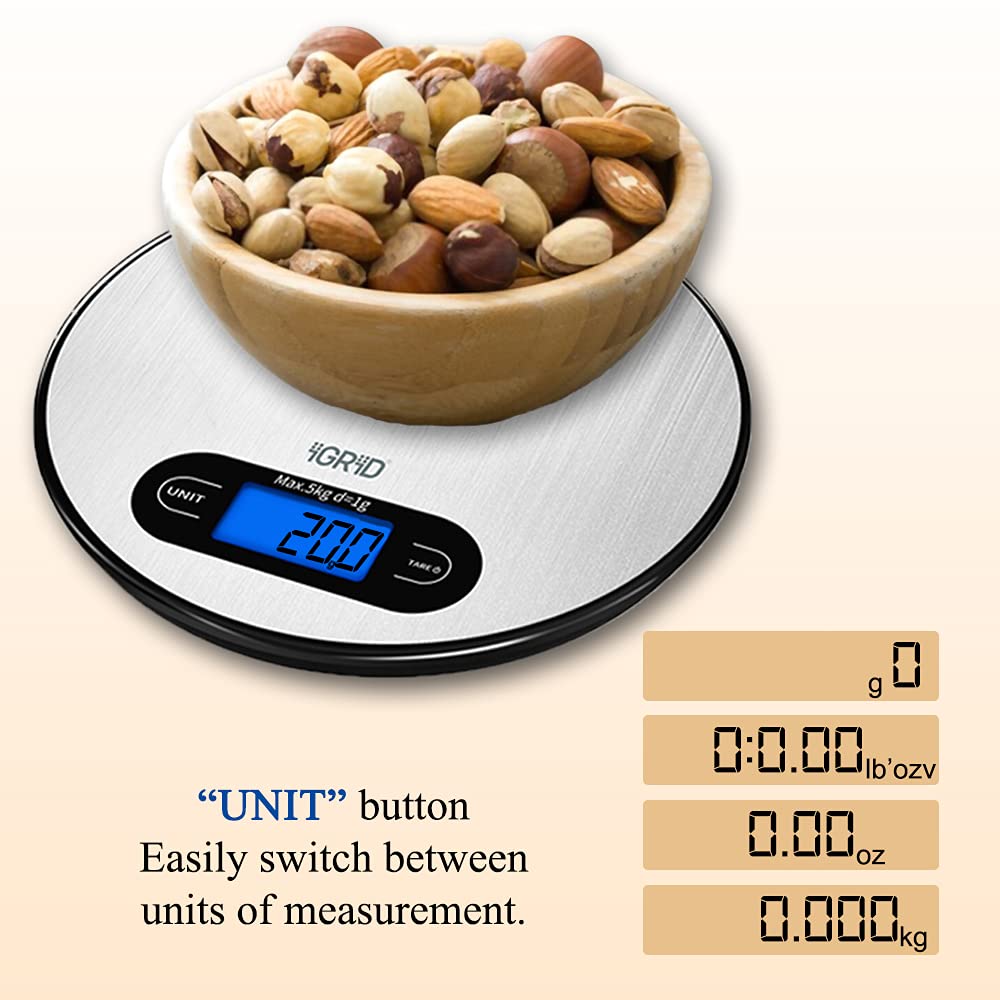 Round Food Scale iGRiD Digital Round Kitchen Food Scale with TARE function |5 kg/11 lbs ...